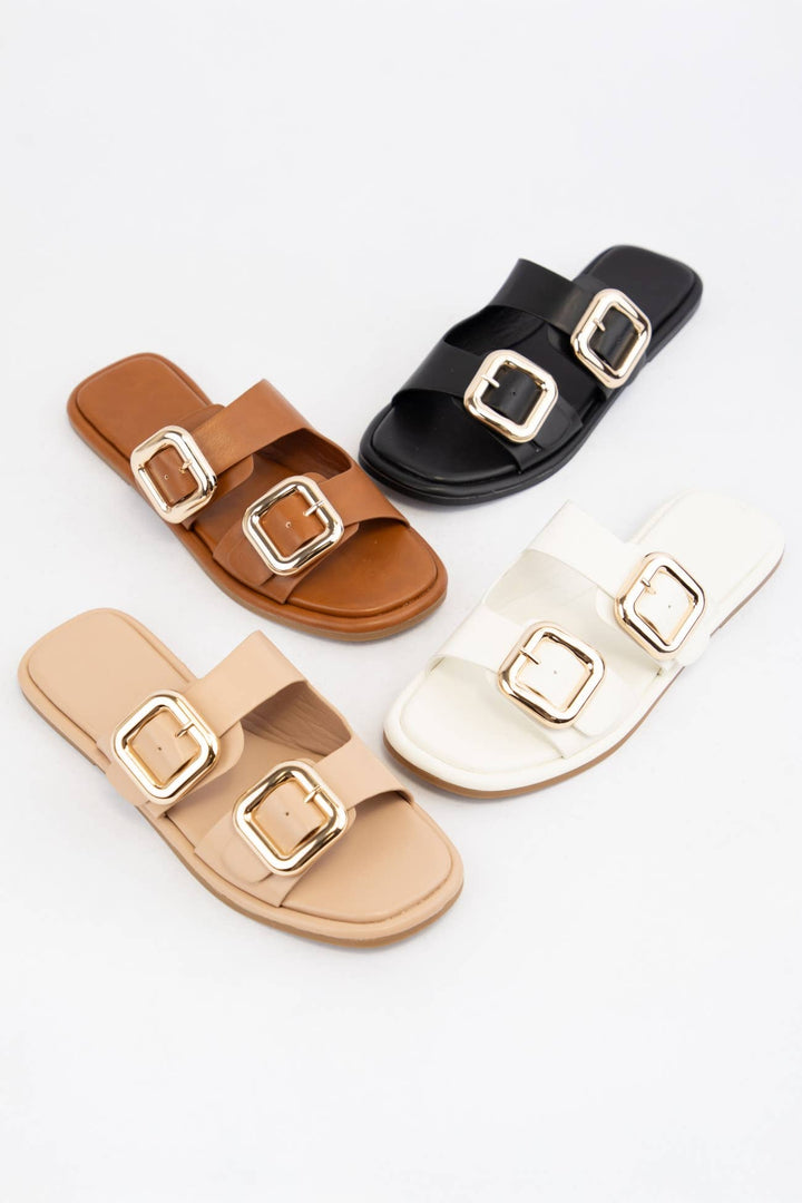 Adira Gold Buckle Strap Slip-on Sandals - White