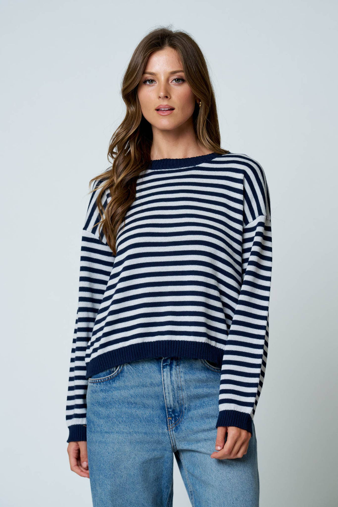 Oatmeal &amp; Brown Stripe Back Button Sweater