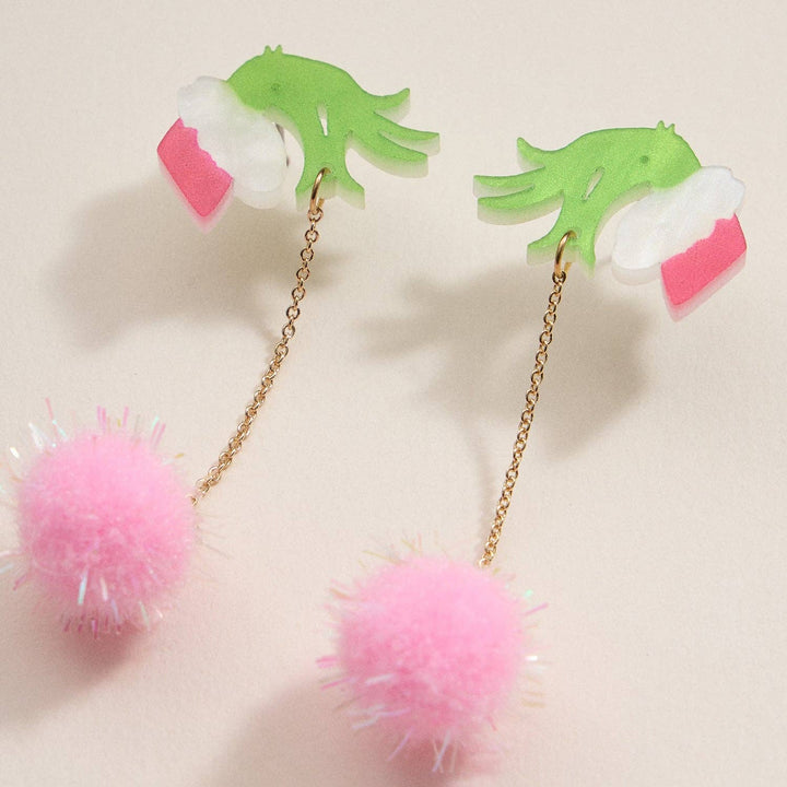Green Monster Pom Pom Drop Earrings | Whimsical Acrylic Earrings
