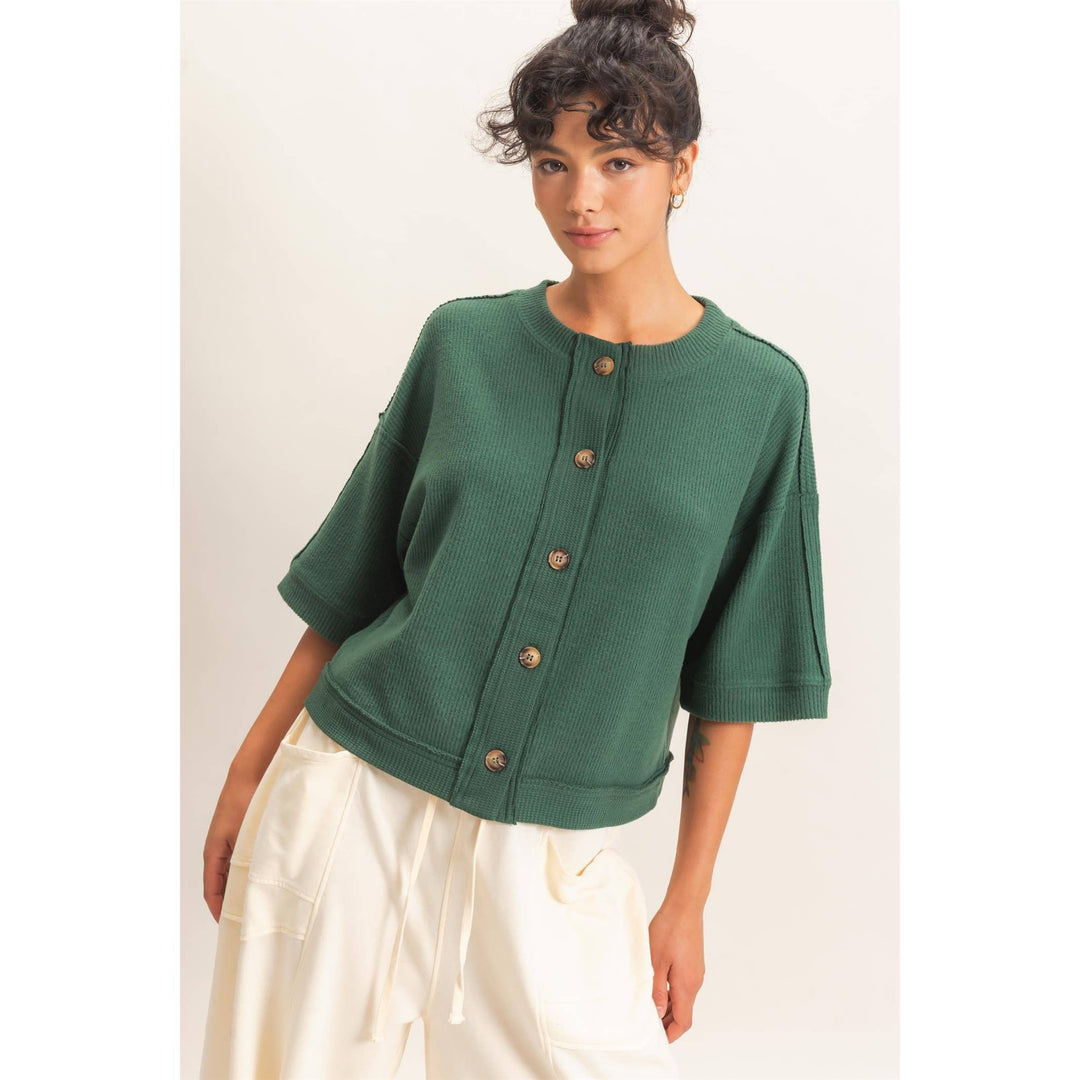 Button-Down Short Sleeve Waffle Top in Dark Green