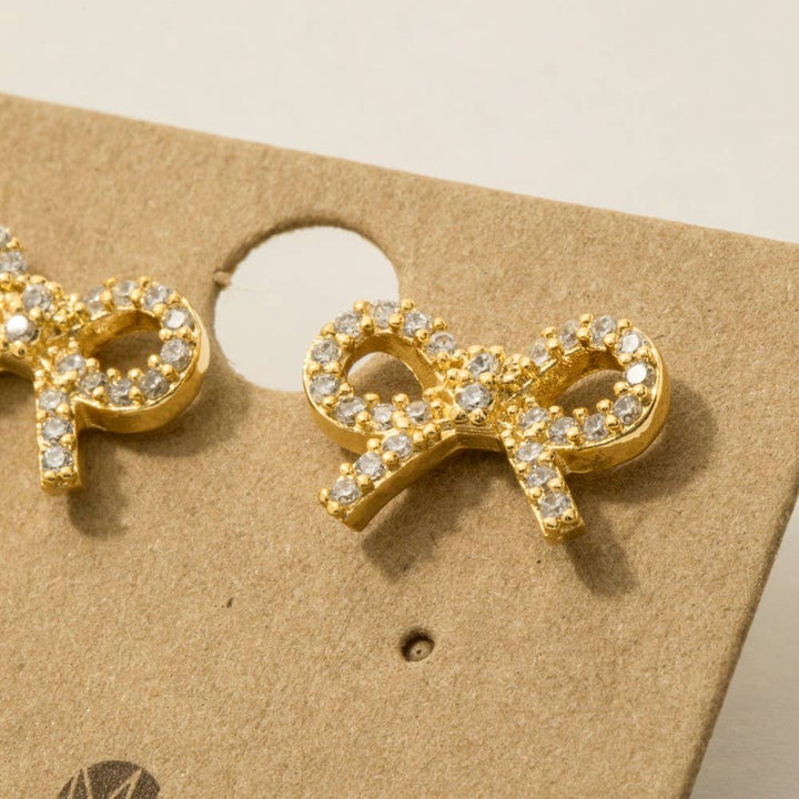 Gold Dipped Cz Pave Ribbon Bow Stud Earrings