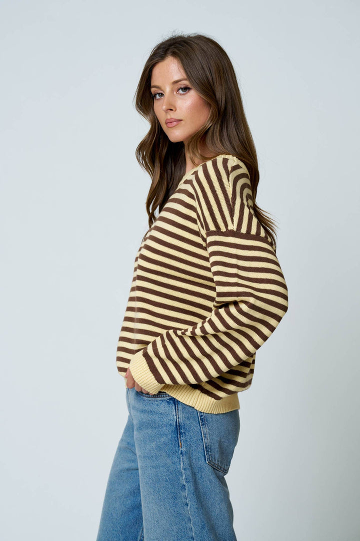 Oatmeal &amp; Brown Stripe Back Button Sweater