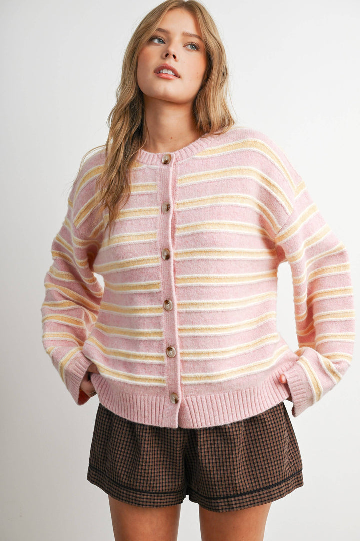 Ivory Multi Stripe Button-Up Cardigan