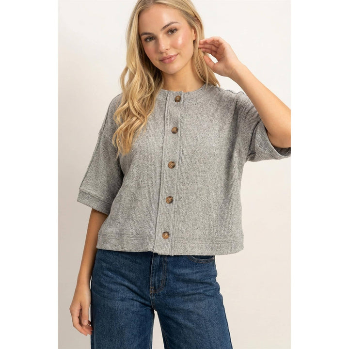 Button-Down Short Sleeve Waffle Top in Dark Green