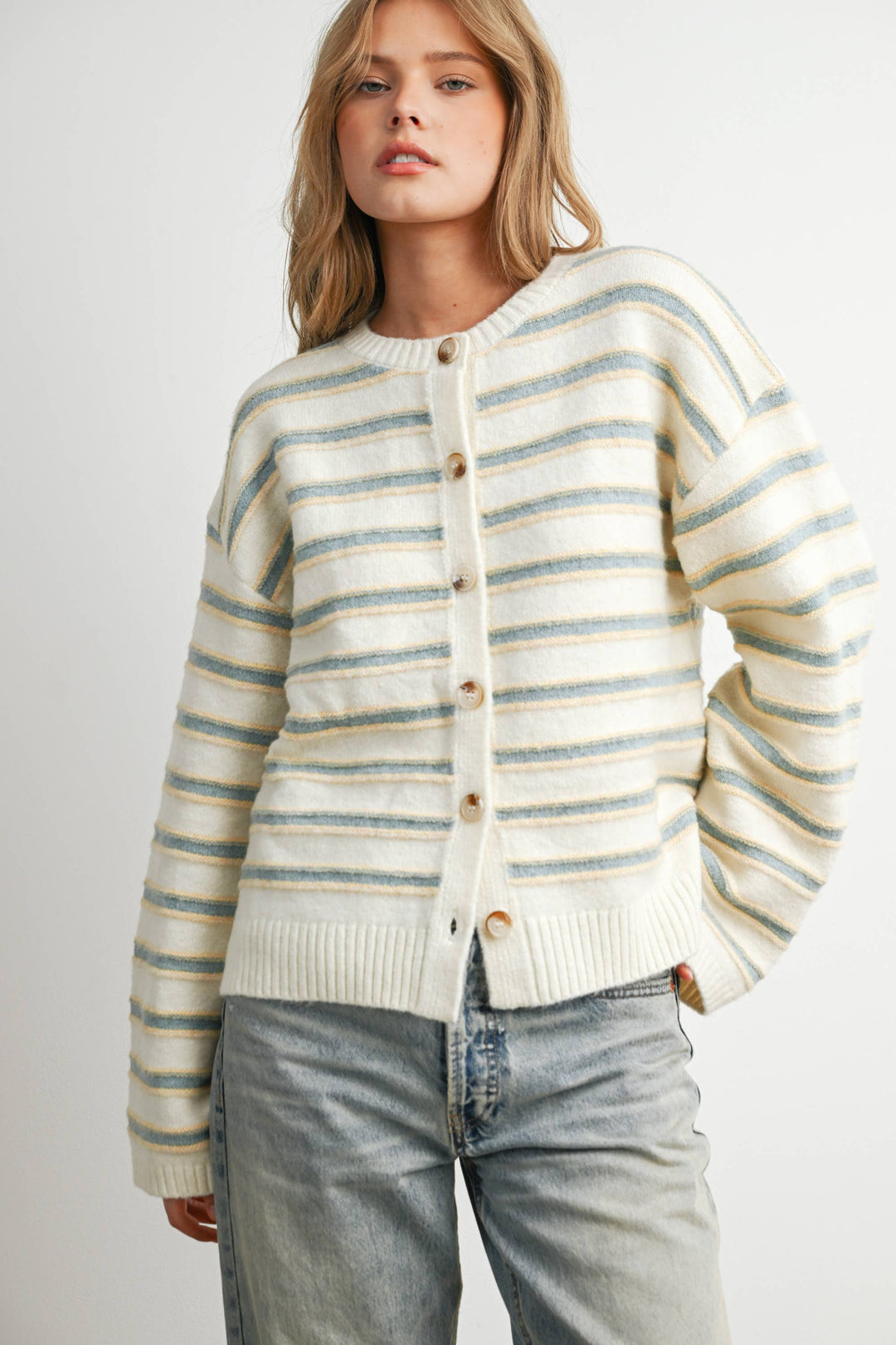 Ivory Multi Stripe Button-Up Cardigan