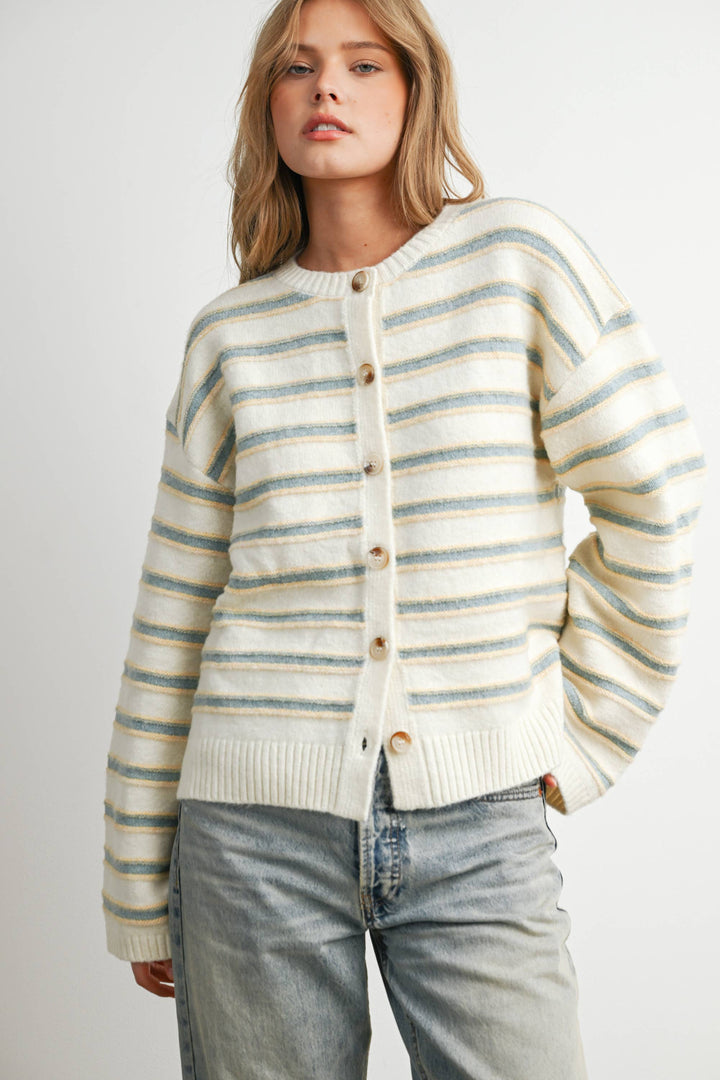 Ivory Multi Stripe Button-Up Cardigan
