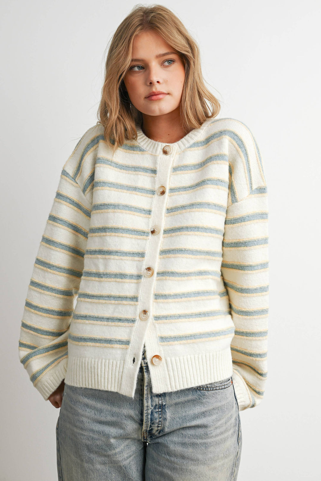 Ivory Multi Stripe Button-Up Cardigan
