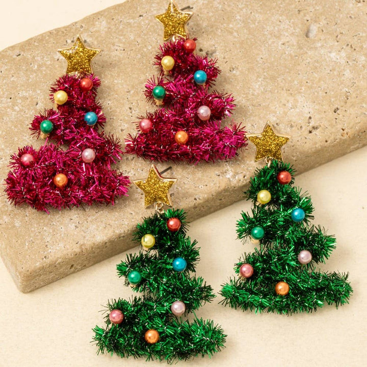 Christmas Tree Tinsel Drop Earrings