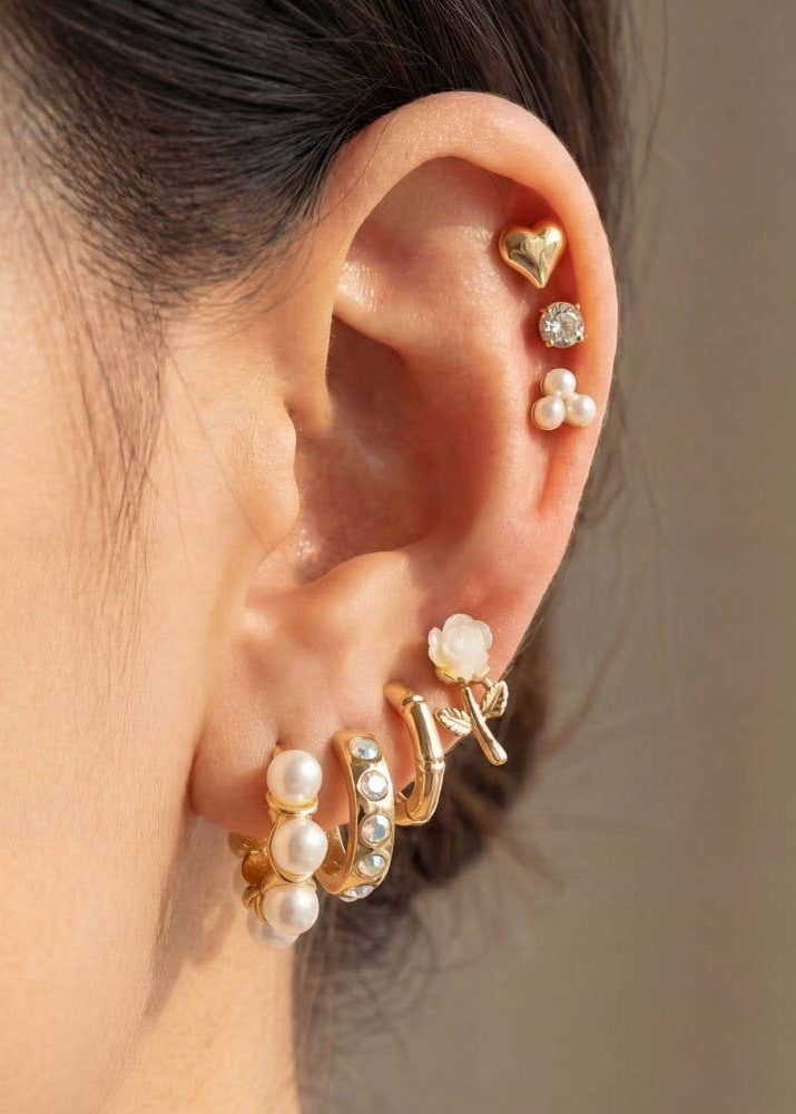 Heart Pearls And Gems Mixed Earrings Set
