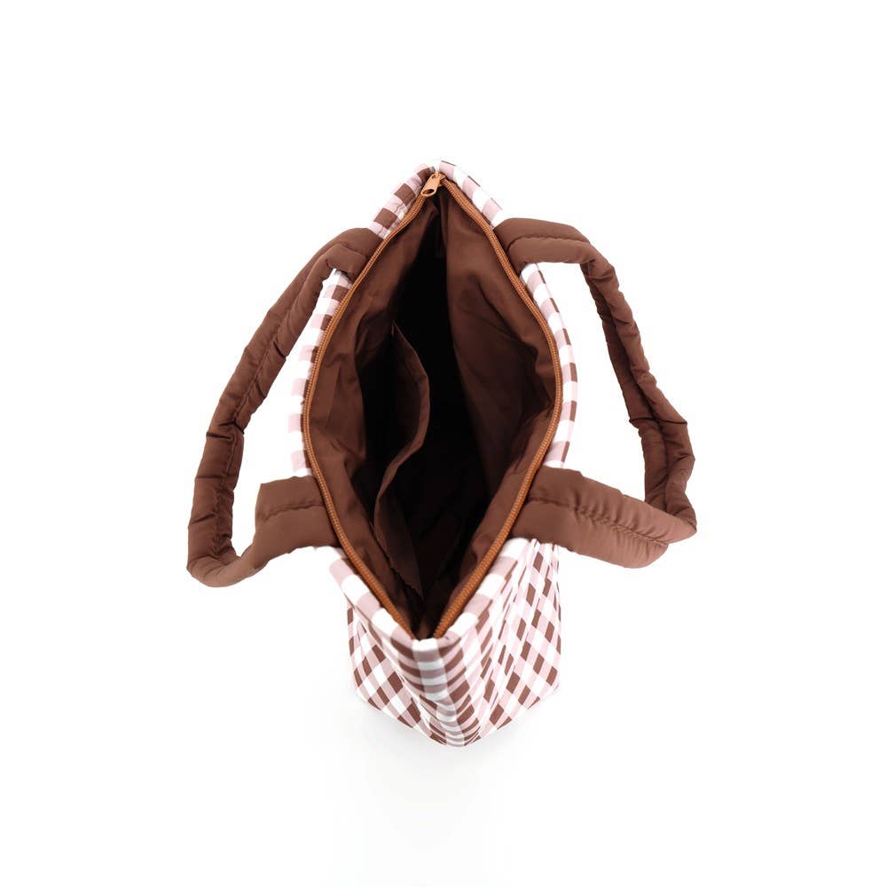 Brown Gingham Check Mini Puffer Tote Bag