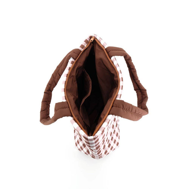 Brown Gingham Check Mini Puffer Tote Bag