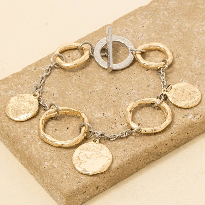 Warped Hoop And Coins Chain Bracelet