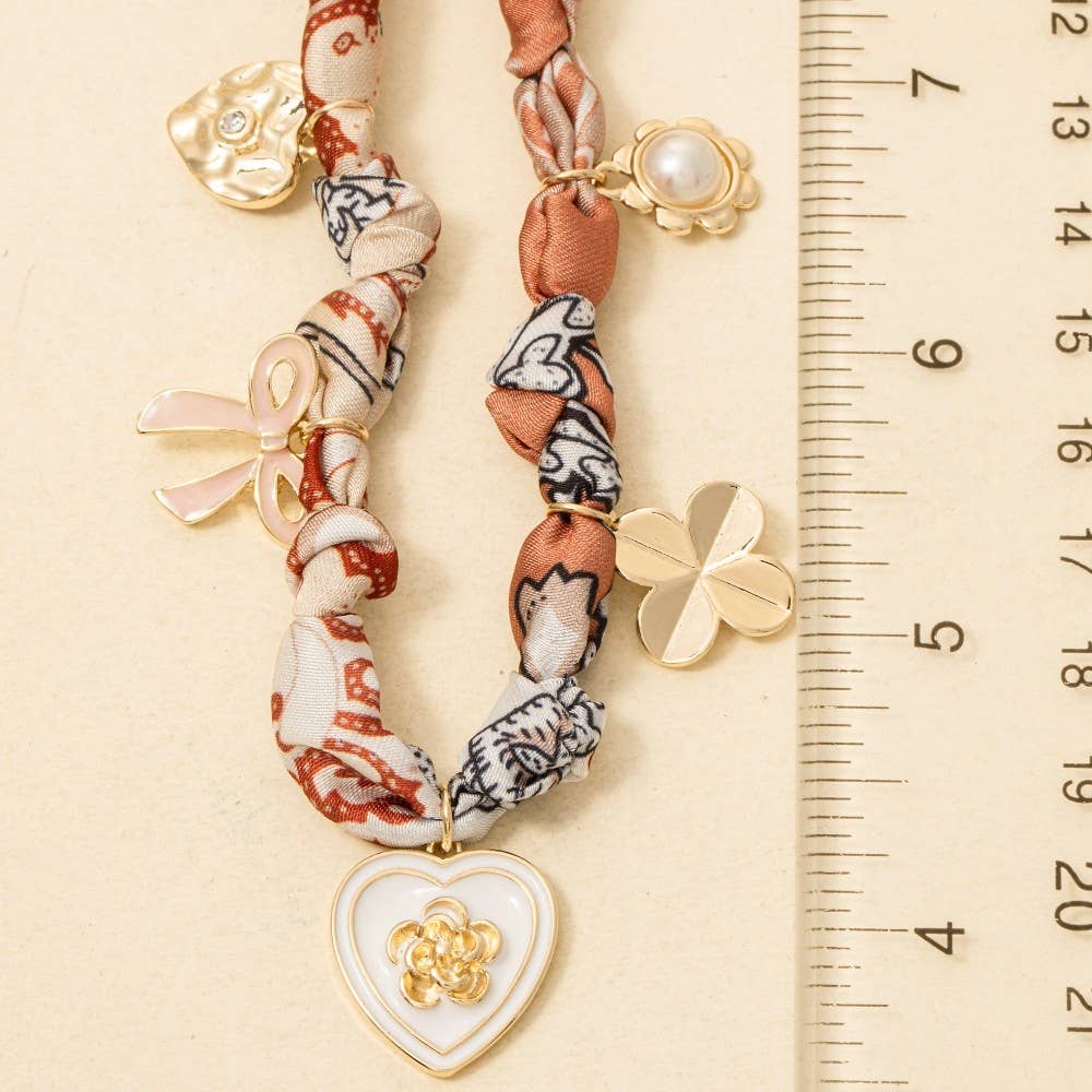 Enamel Heart And Ribbon Bow Charms Bandana Knotted Necklace