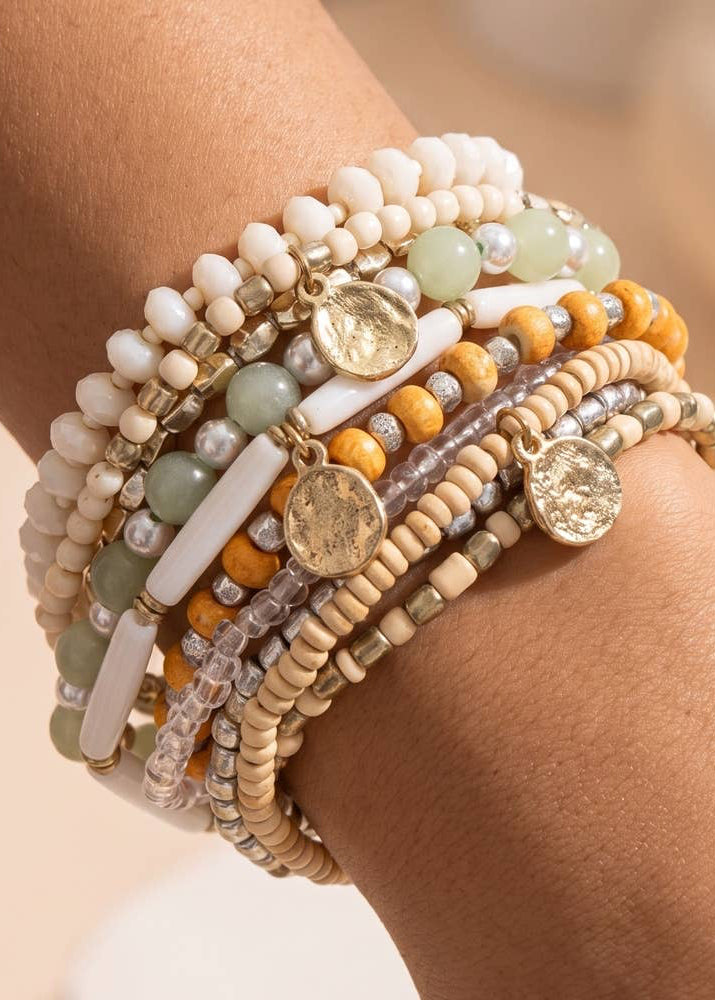 Boho Coin Charm Beaded Bracelet Stack Set