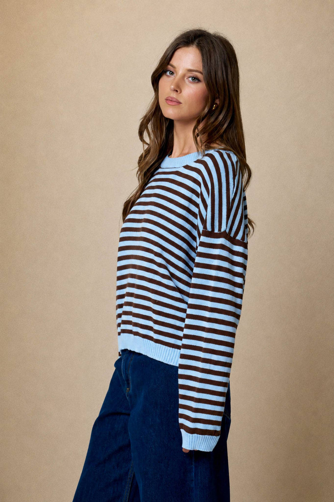 Oatmeal &amp; Brown Stripe Back Button Sweater