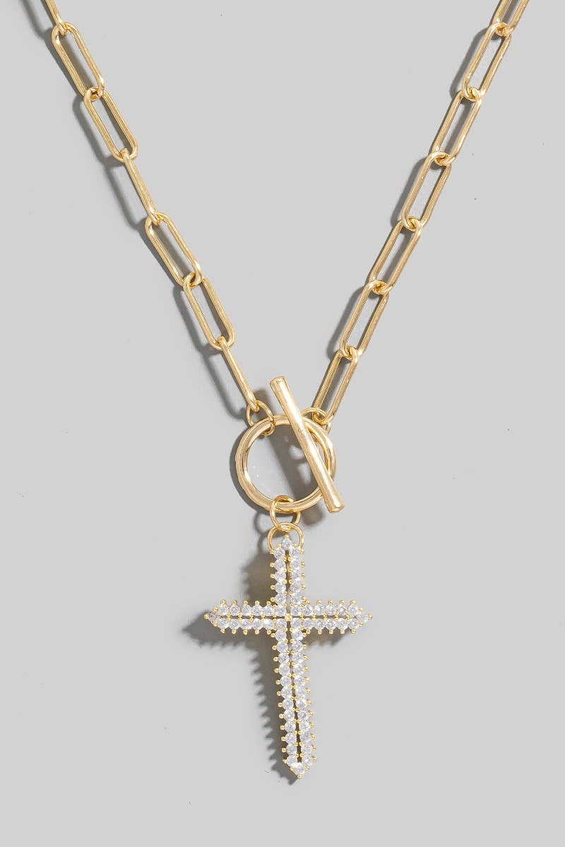 Intricate Pave Cross Toggle Chain Necklace