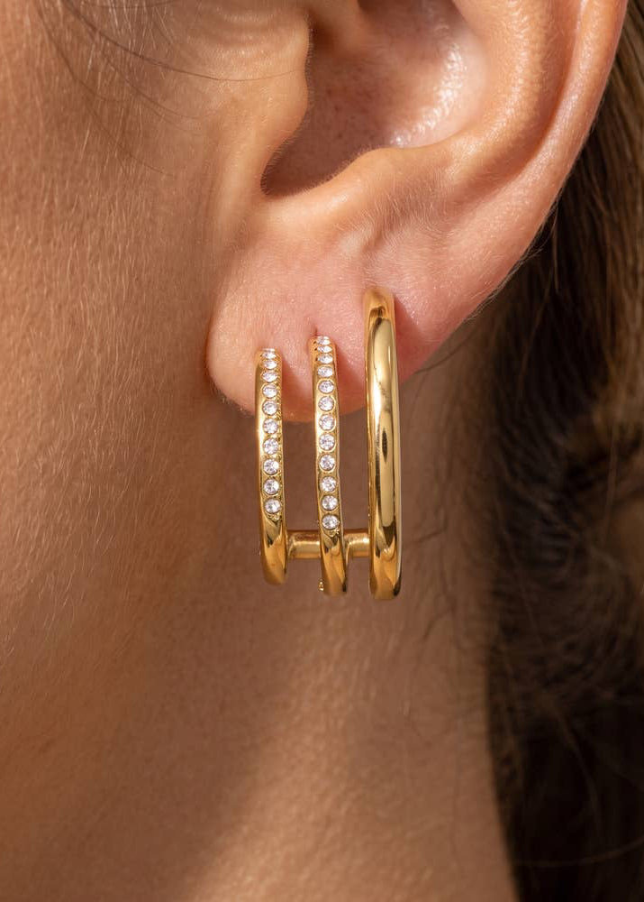 Stainless Steel Triple Band Cz Open Hoop Earrings
