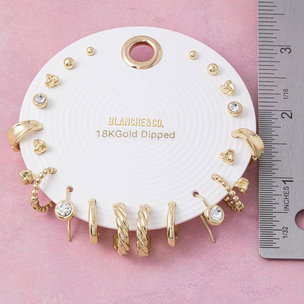18K Gold Dipped Knot Stud And Hoop Ten Pair Earring Set