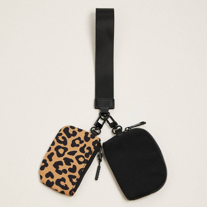 Beige Fabric Dual Pouch Wristlet Wallet | Keychain Holder