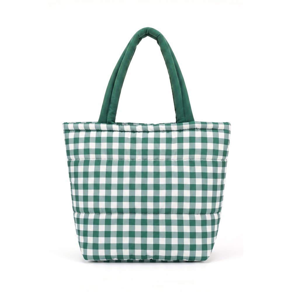Brown Gingham Check Mini Puffer Tote Bag