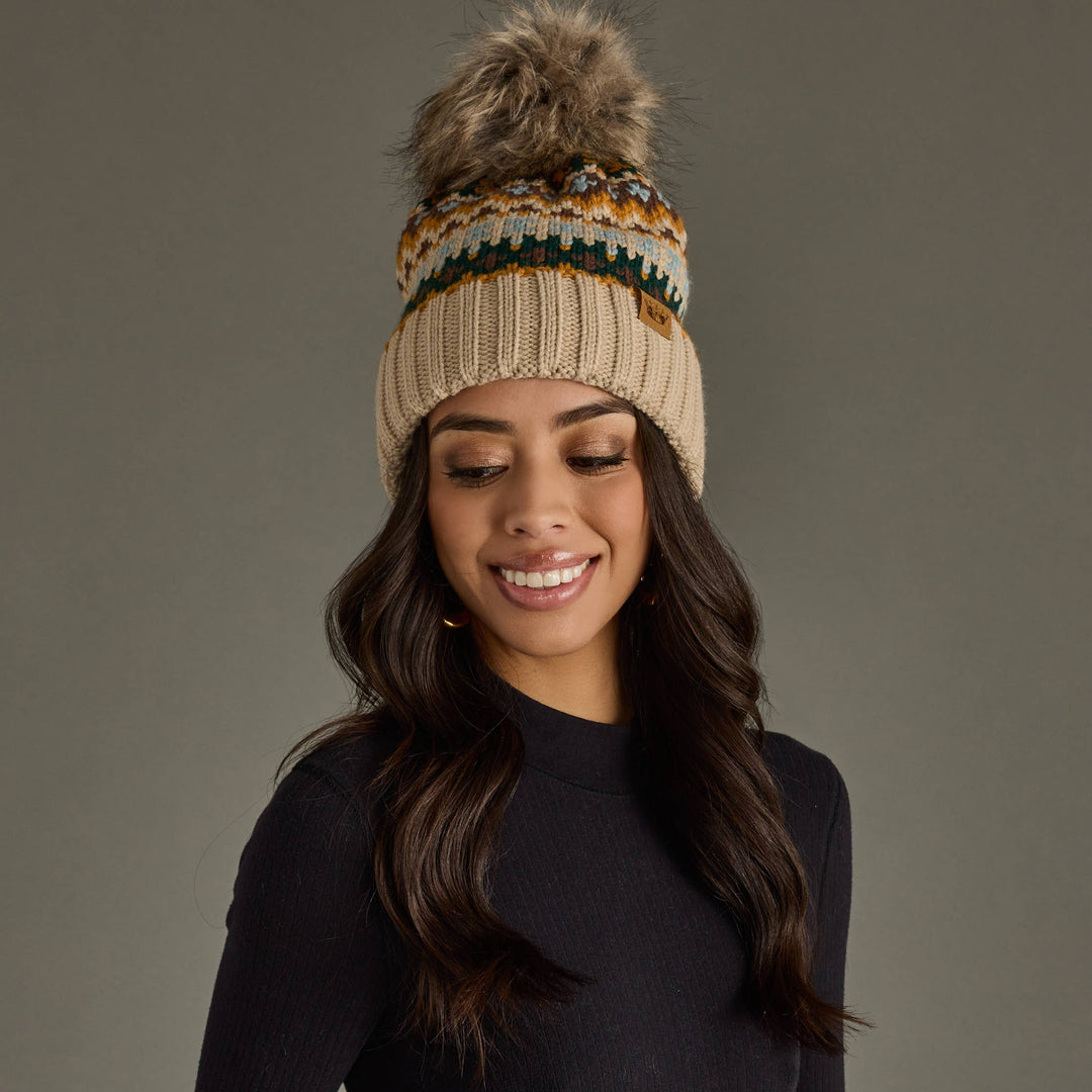 Taupe & Multicolored Patterned Pom Hat