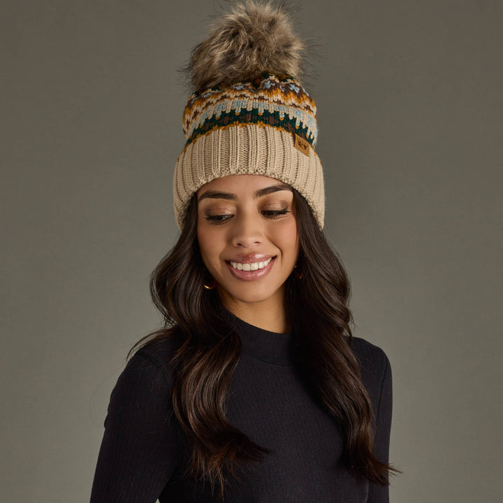 Taupe & Multicolored Patterned Pom Hat