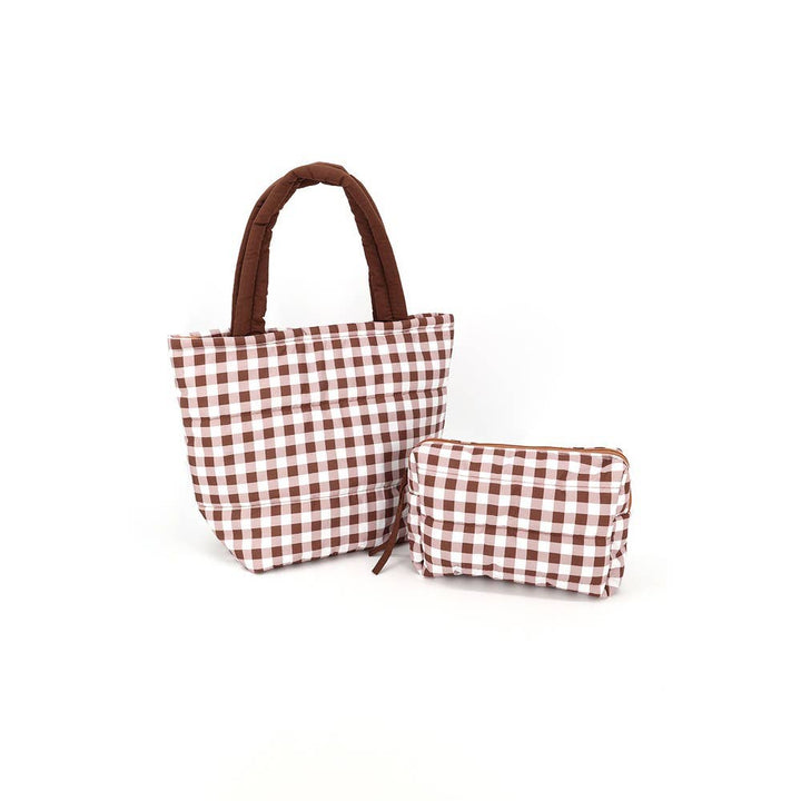Brown Gingham Check Mini Puffer Tote Bag