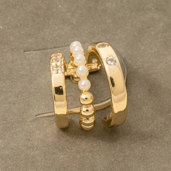 Mini Three Line Pearl Bead Hoop Earrings