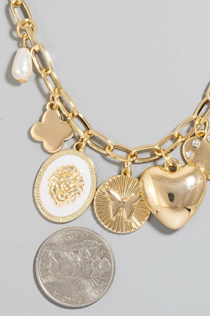 Heart Clover And Pearl Charms Chain Necklace