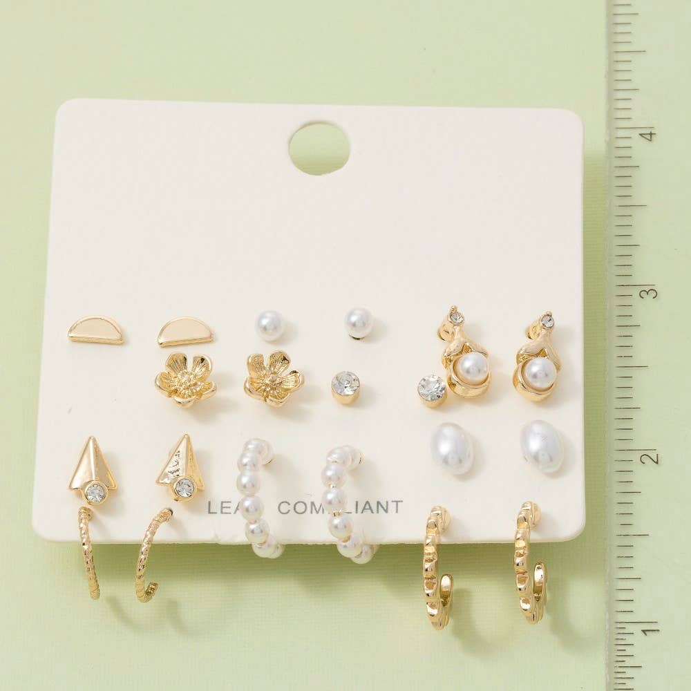 Mixed Pearl And Metallic 10 Pair Earrings Set