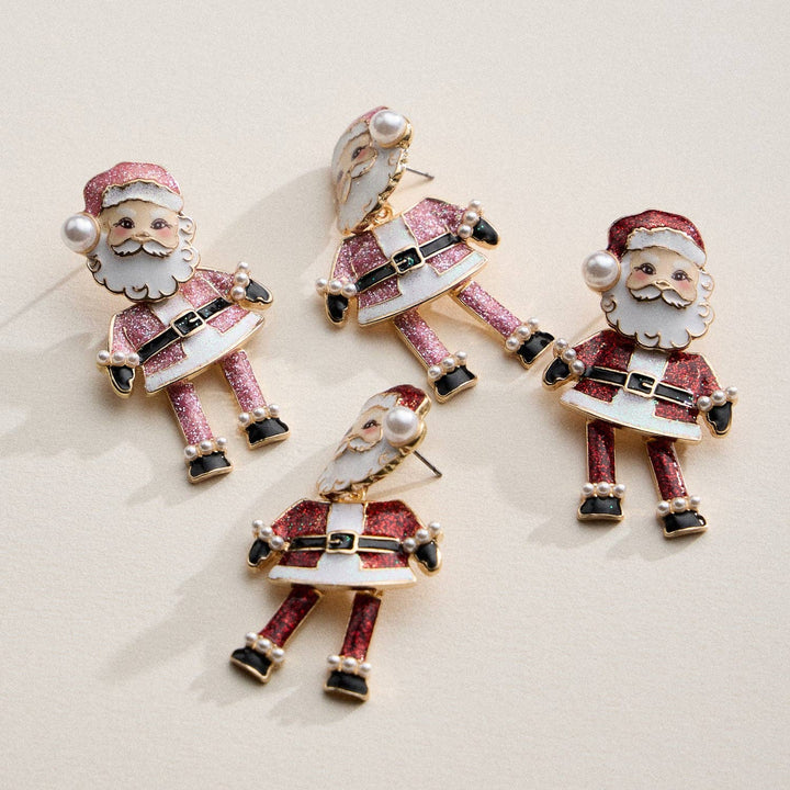 Retro Santa Dangle Earrings | Enamel Faux Pearl Holiday Earrings