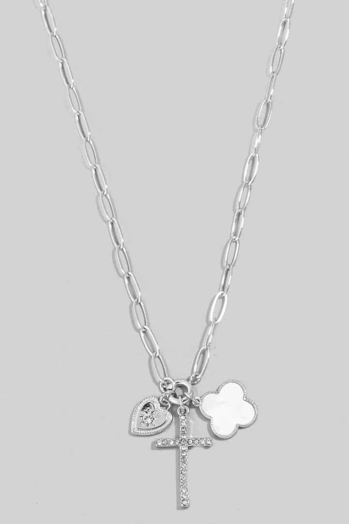 Pave Heart Cross And Shell Clover Charms Chain Necklace