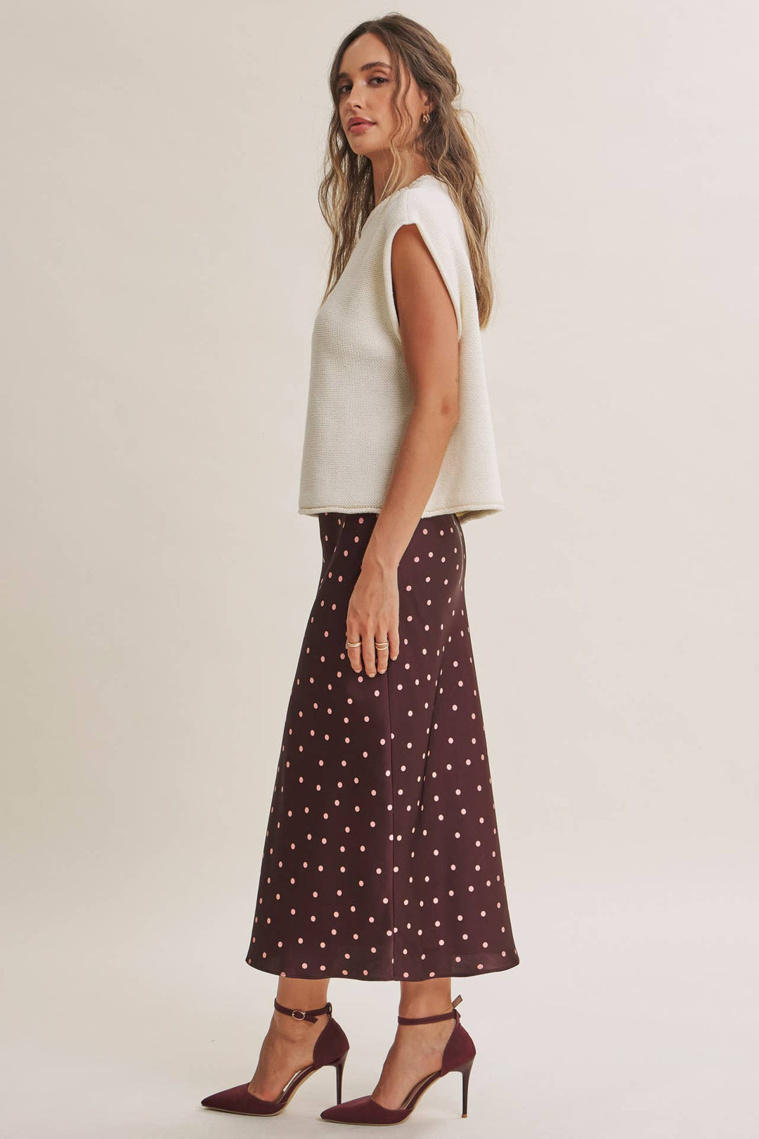 Café Dot Satin Midi Skirt