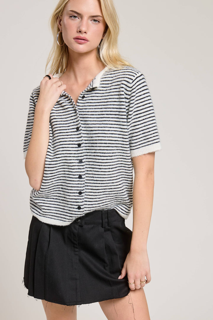 The Lucy Stripe Cardigan in Navy