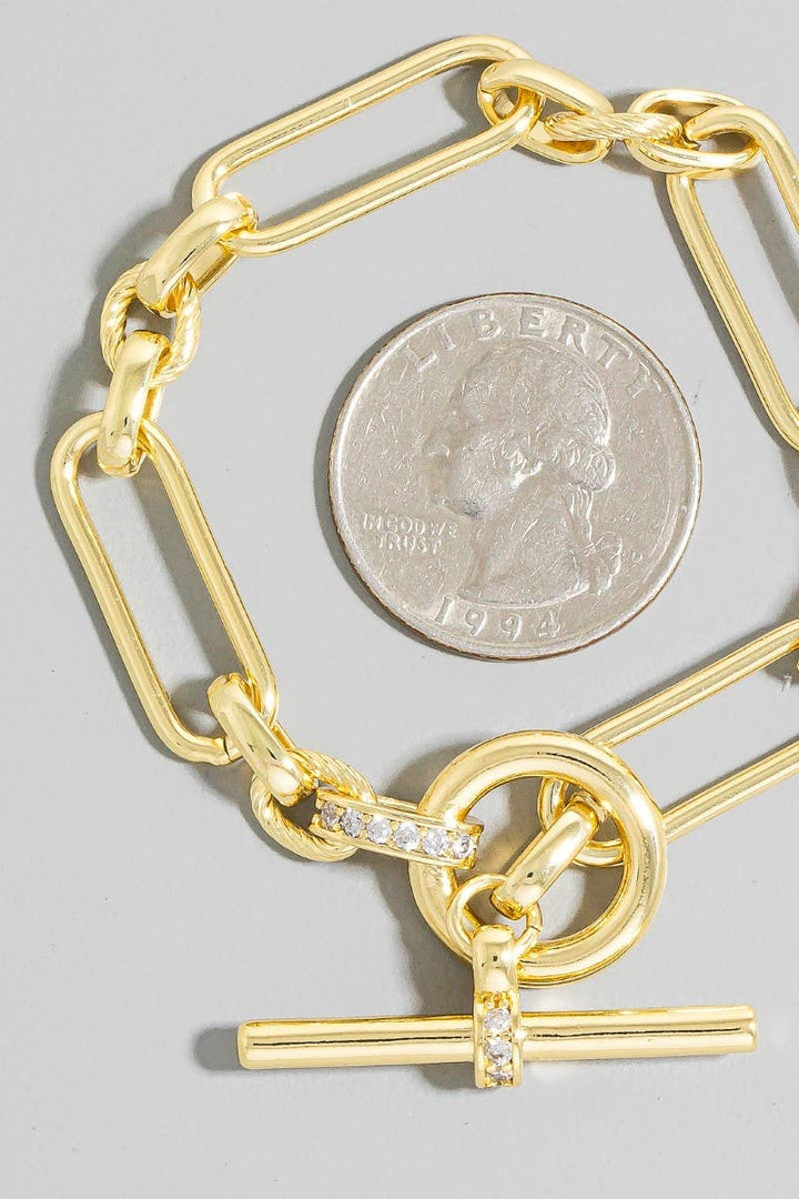 Gold Dipped Oval Chain Cz Pave Toggle Chain Bracelet