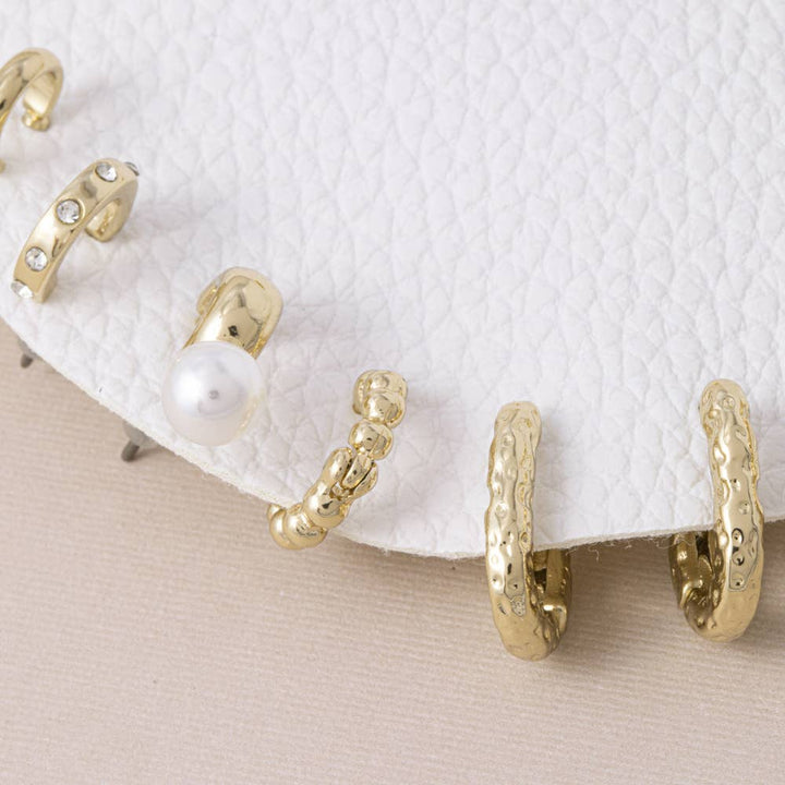 Pearl And Hammered Mini Hoop Earring Set