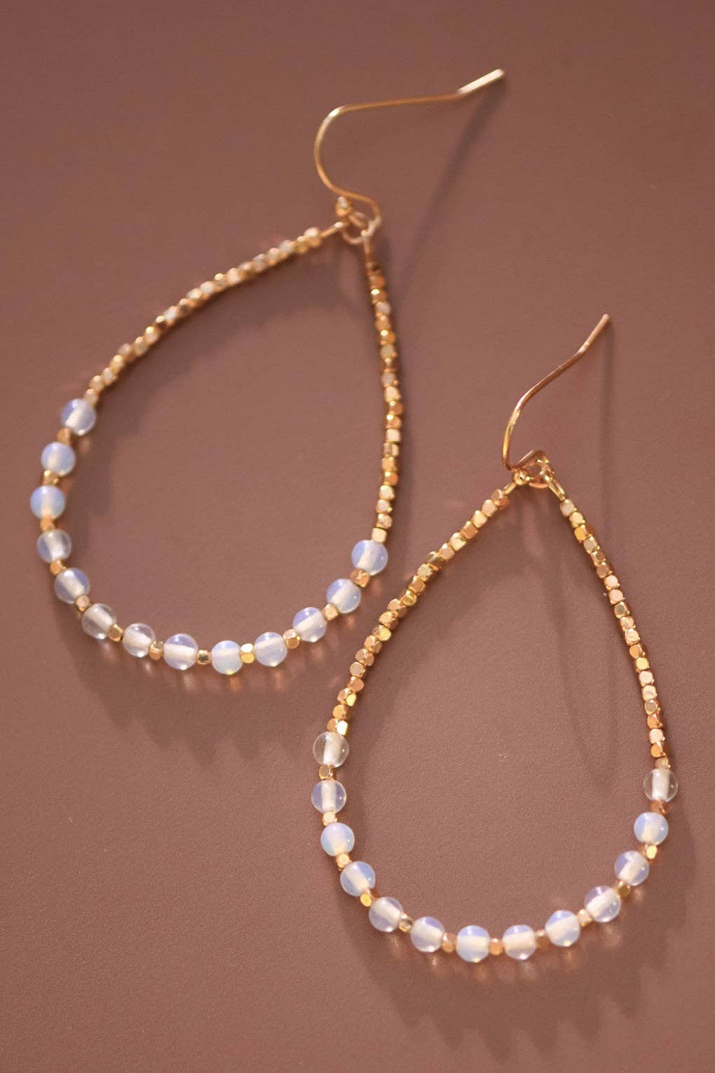 Opal Stone Beaded Teardrop Wire Earrings