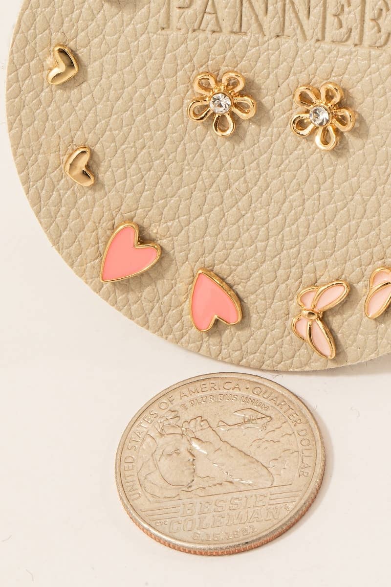 Assorted Heart Butterfly And Pearl Stud Earrings Set