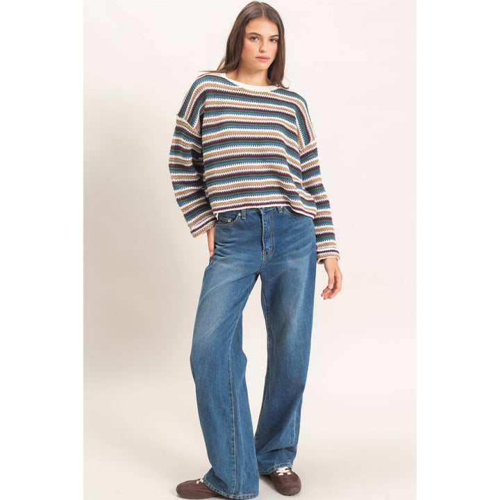 Ecru Combo Striped Boat Neck Sweater