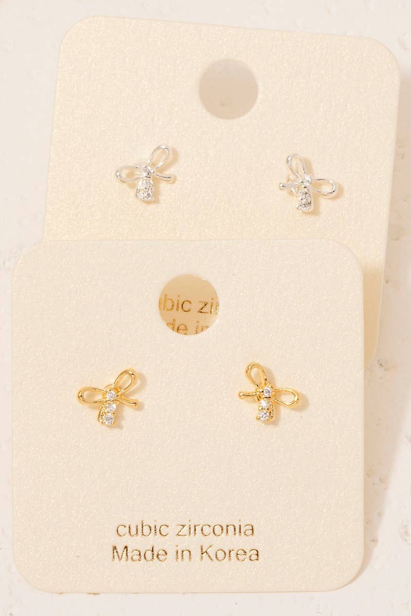 Gold Dipped Mini Cz Bow Stud Earrings