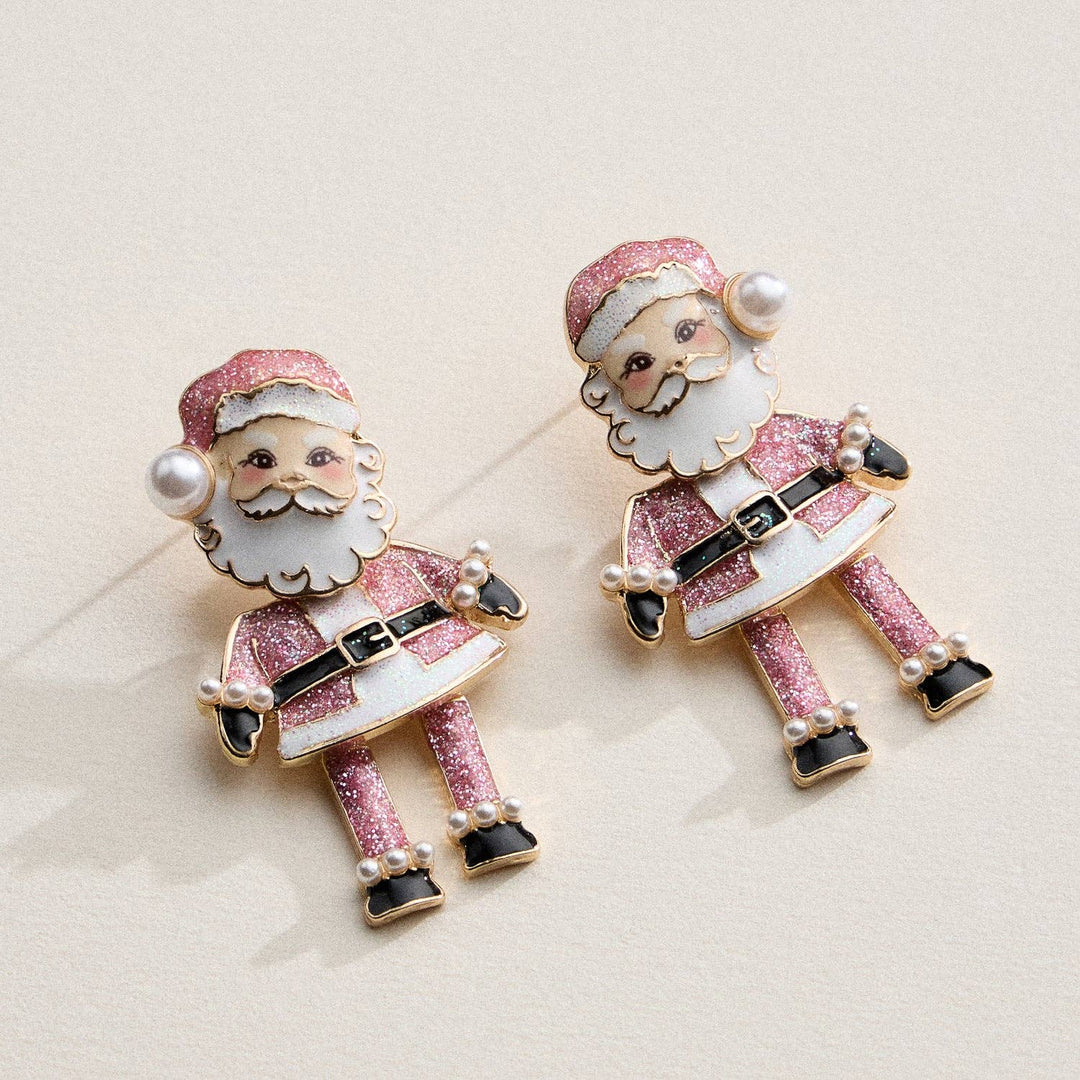 Retro Santa Dangle Earrings | Enamel Faux Pearl Holiday Earrings