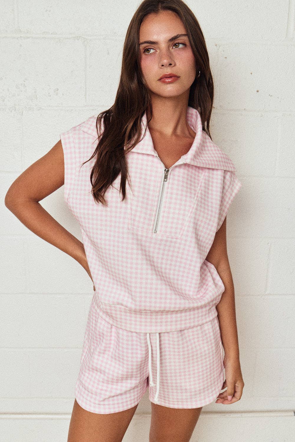 Gingham Zip Up Top in Yellow