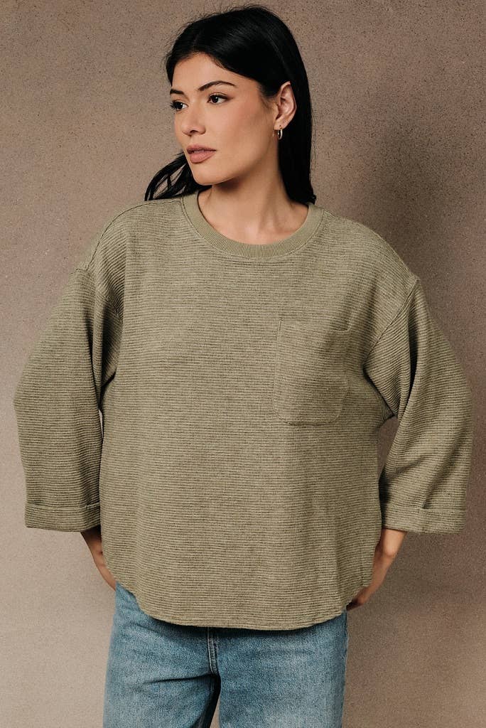 Round Neck 3/4 Cuffed Sleeve Pocket Ribbed Knit Top