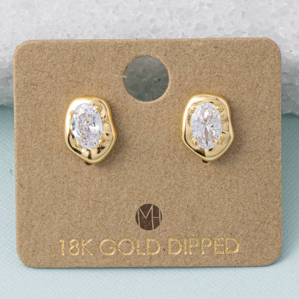 18K Gold Dipped Oval Cz Molten Frame Stud Earrings