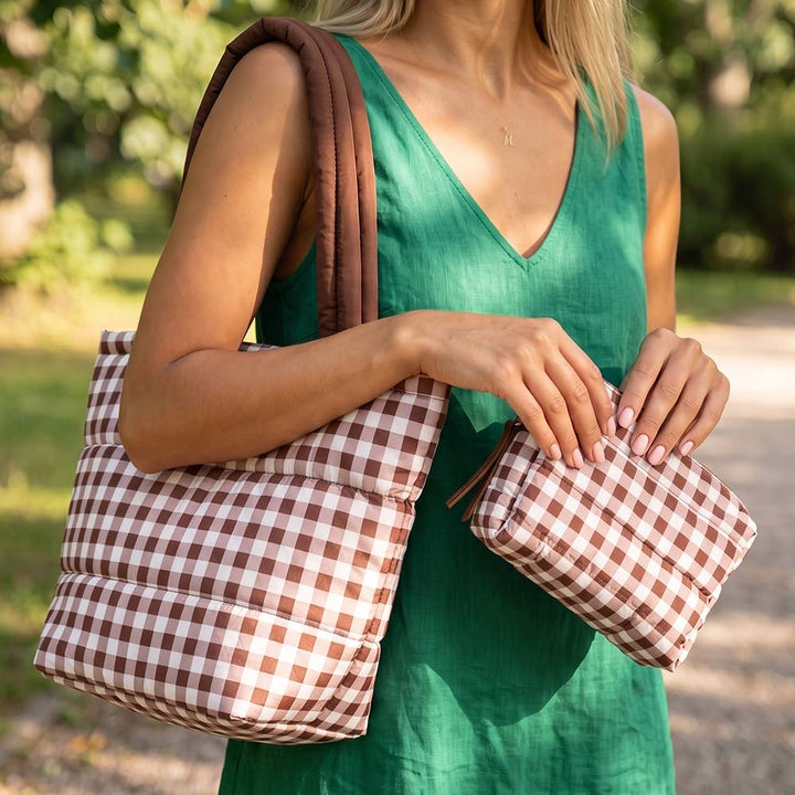 Brown Gingham Check Mini Puffer Tote Bag