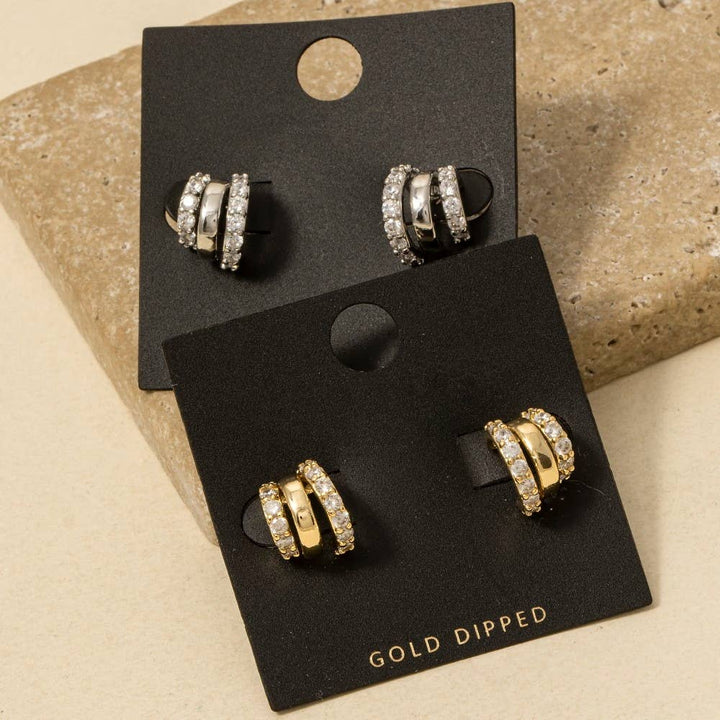 Gold Dipped Cz Pave Wide Layered Hoop Earrings