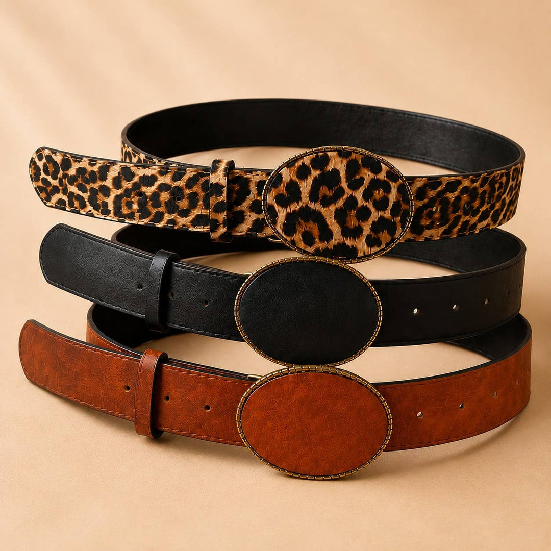 Western Oval Buckle Faux Leather &amp; Leopard Belt | 40BT660