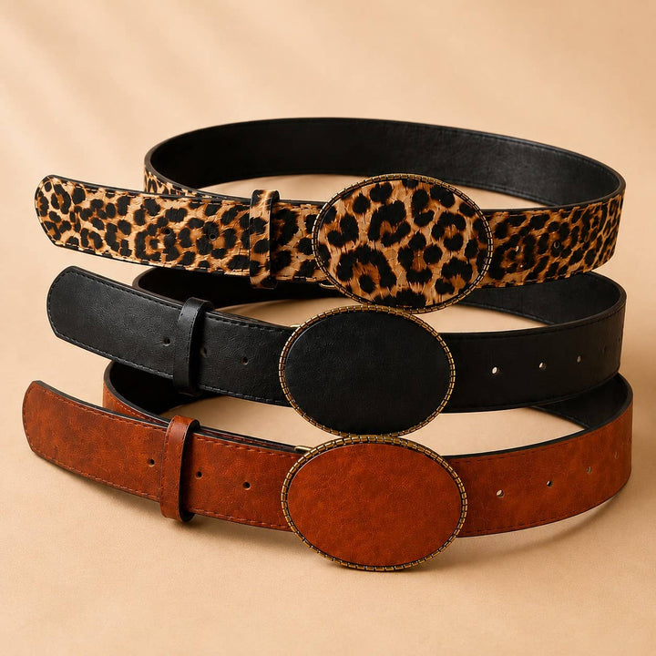 Western Oval Buckle Faux Leather &amp; Leopard Belt | 40BT660