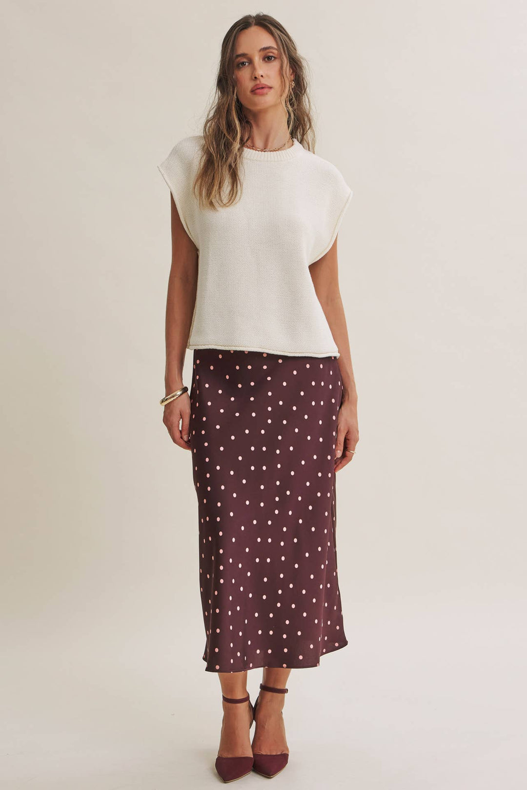 Café Dot Satin Midi Skirt