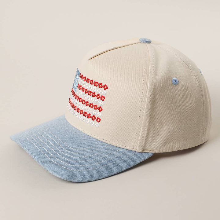 Floral American Flag Embroidered Two-Tone Denim Trucker Hat